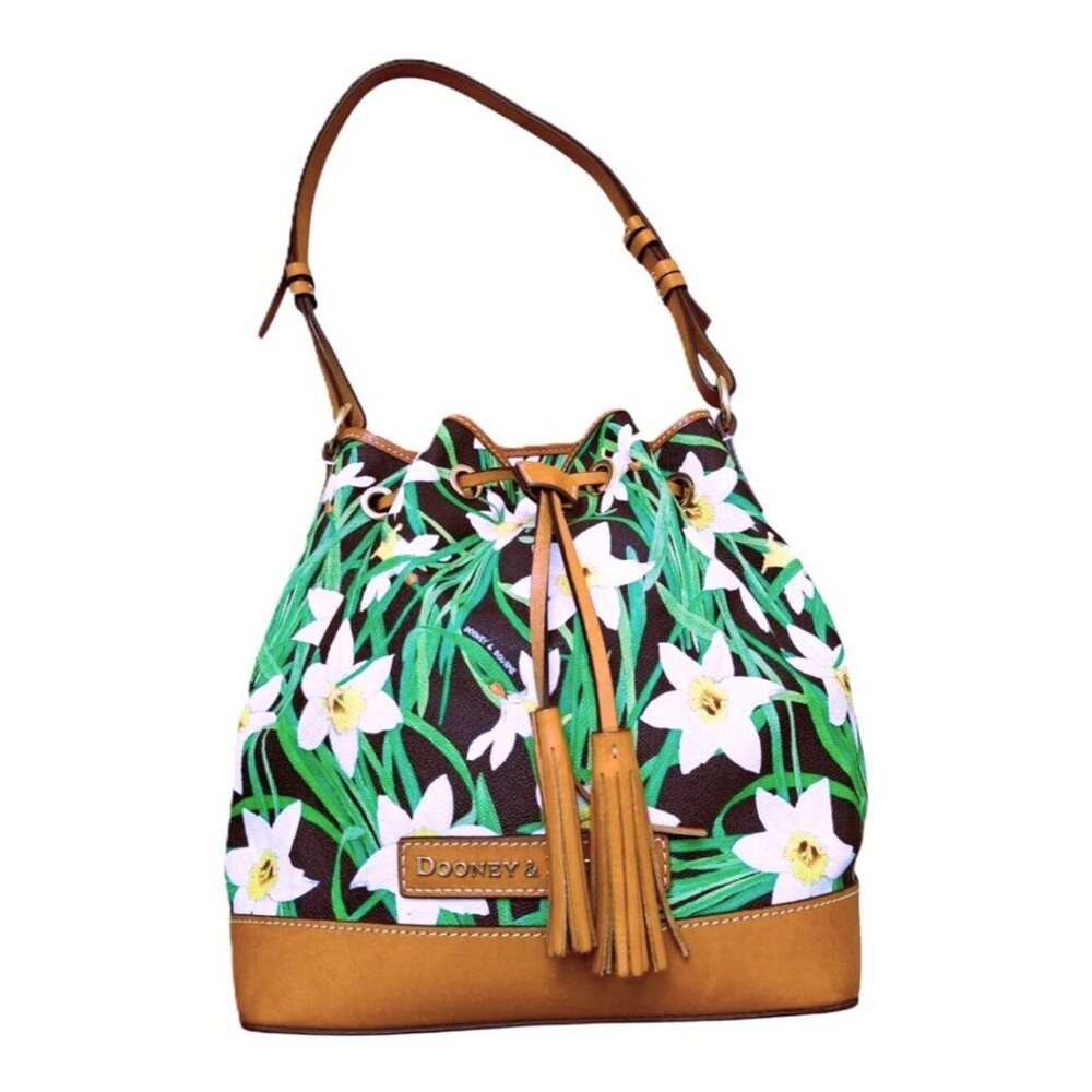 Dooney & Bourke Daffodil Tassel Drawstring Bucket Bag Purse Floral Leather Trim